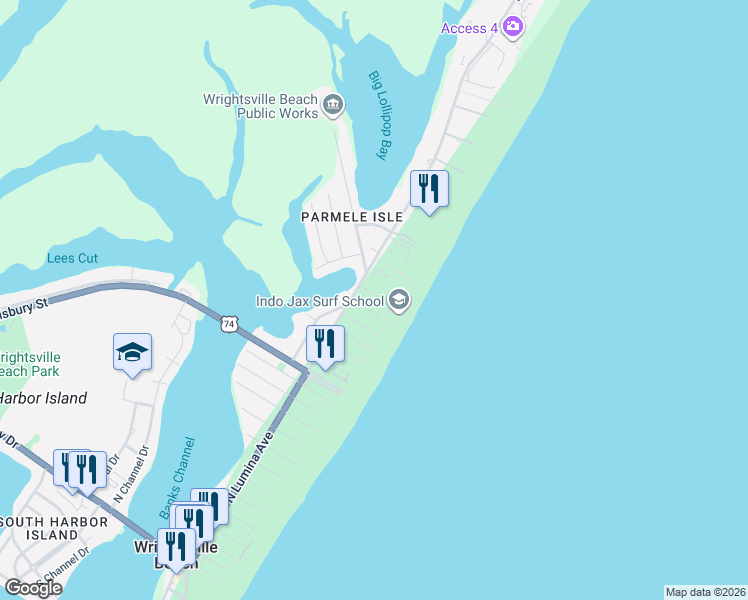 map of restaurants, bars, coffee shops, grocery stores, and more near 1604 North Lumina Avenue in Wrightsville Beach