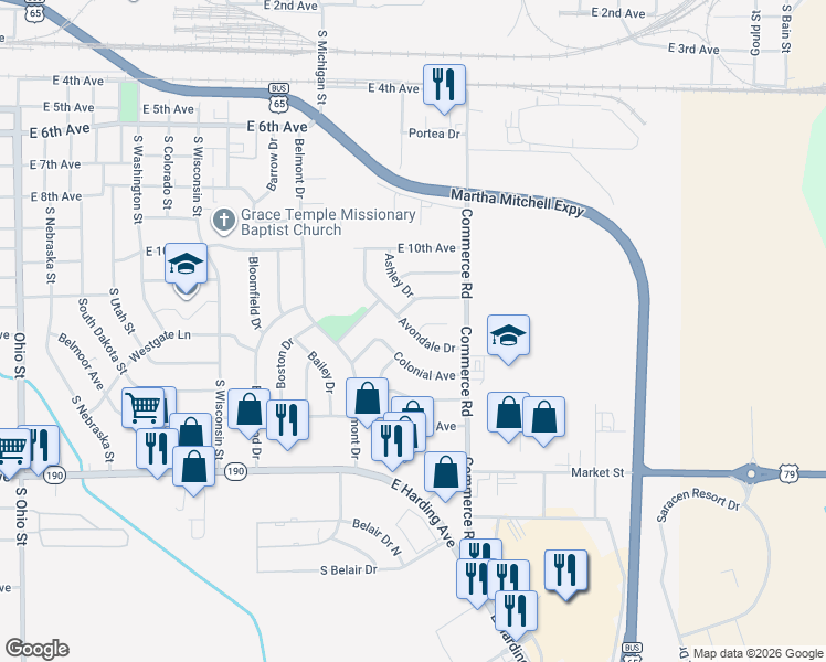 map of restaurants, bars, coffee shops, grocery stores, and more near 3 Avalon Avenue in Pine Bluff