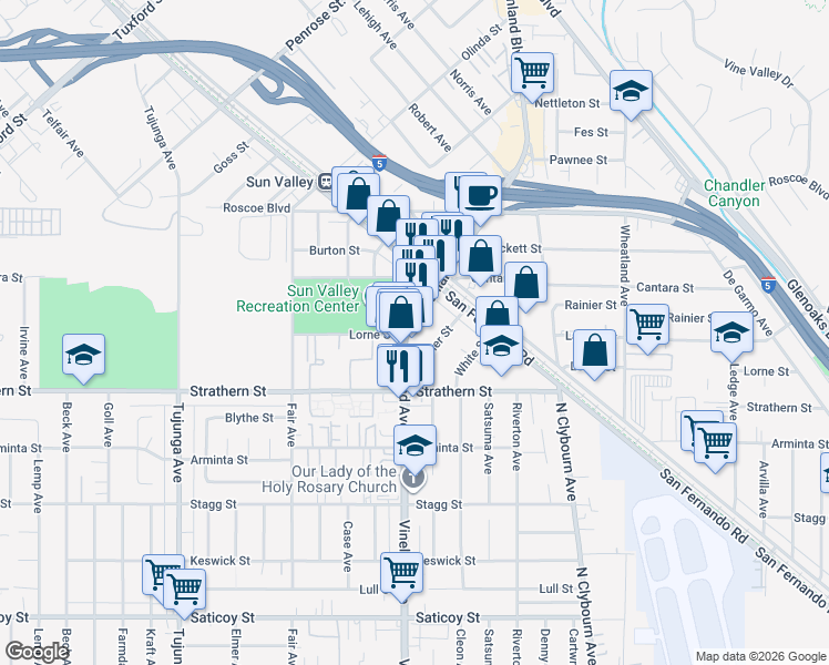 map of restaurants, bars, coffee shops, grocery stores, and more near 8132B Sunland Boulevard in Los Angeles