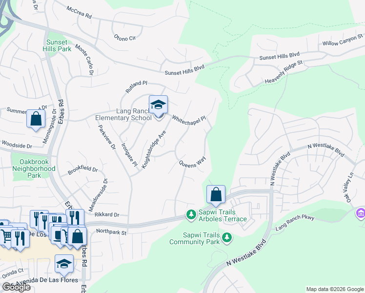 map of restaurants, bars, coffee shops, grocery stores, and more near in Thousand Oaks