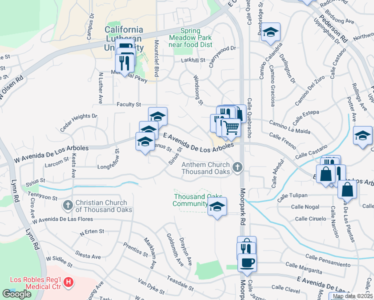 map of restaurants, bars, coffee shops, grocery stores, and more near 130 East Avenida De Los Arboles in Thousand Oaks