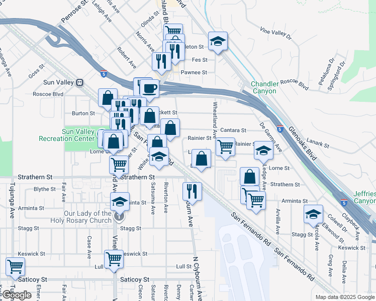 map of restaurants, bars, coffee shops, grocery stores, and more near 10671 Lanark Street in Los Angeles