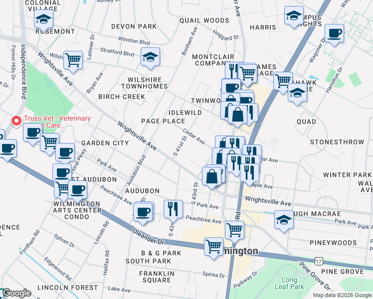 map of restaurants, bars, coffee shops, grocery stores, and more near 1013 South 41st Street in Wilmington