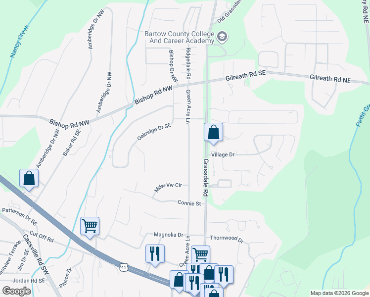 map of restaurants, bars, coffee shops, grocery stores, and more near 226 Green Acre Lane in Cartersville