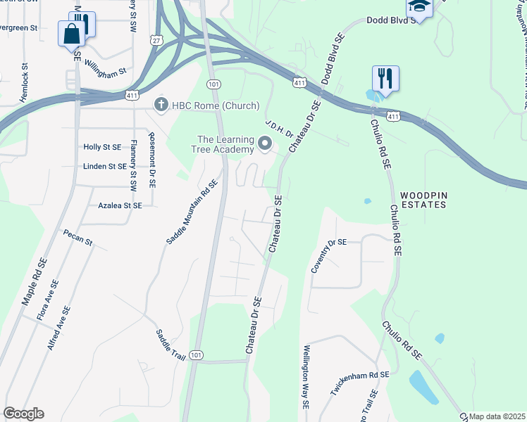 map of restaurants, bars, coffee shops, grocery stores, and more near 42 Chateau Drive Southeast in Rome
