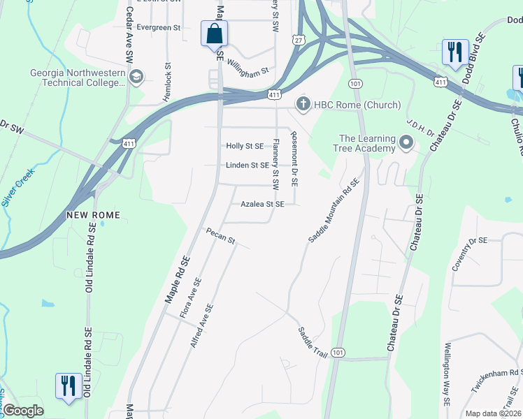 map of restaurants, bars, coffee shops, grocery stores, and more near 12 Azalea Street Southeast in Rome