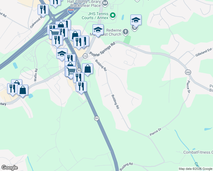 map of restaurants, bars, coffee shops, grocery stores, and more near 3705 Bolding Road in Flowery Branch