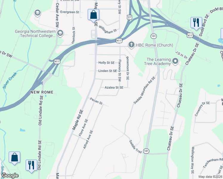 map of restaurants, bars, coffee shops, grocery stores, and more near 9 Azalea Street Southeast in Rome