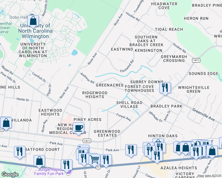 map of restaurants, bars, coffee shops, grocery stores, and more near 5414 Andover Road in Wilmington