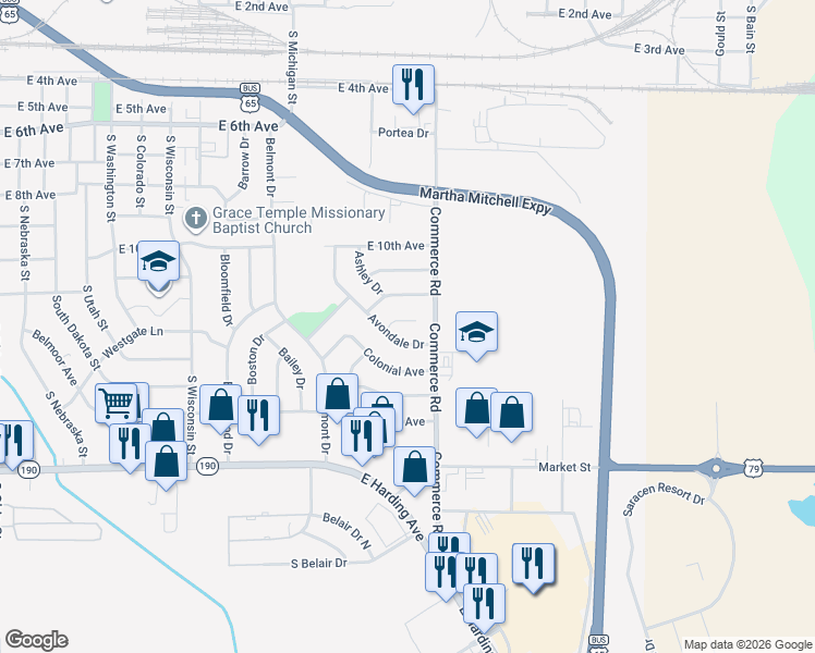 map of restaurants, bars, coffee shops, grocery stores, and more near 3 Avalon Avenue in Pine Bluff
