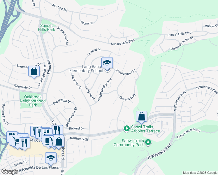 map of restaurants, bars, coffee shops, grocery stores, and more near 2848 Bayham Circle in Thousand Oaks