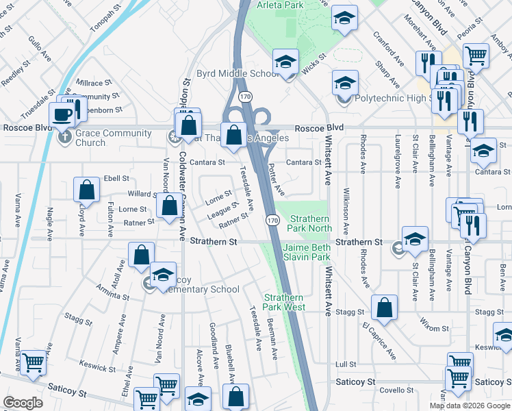 map of restaurants, bars, coffee shops, grocery stores, and more near 8066 Teesdale Avenue in Los Angeles