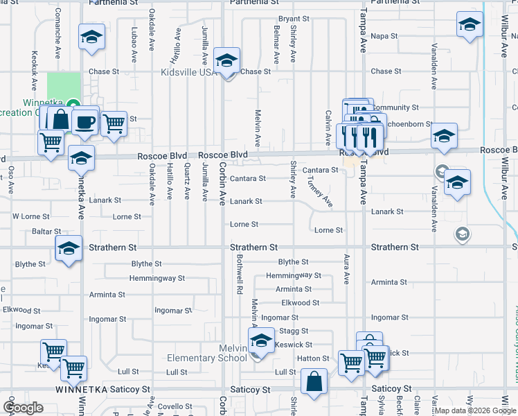 map of restaurants, bars, coffee shops, grocery stores, and more near 19562 Lanark Street in Los Angeles