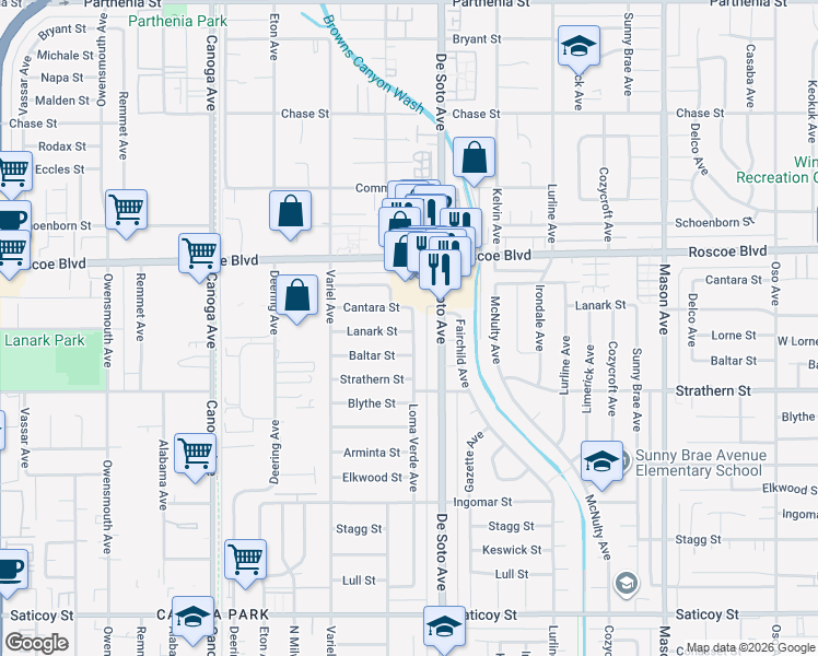 map of restaurants, bars, coffee shops, grocery stores, and more near 8135 Loma Verde Avenue in Los Angeles
