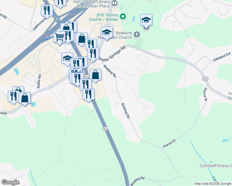map of restaurants, bars, coffee shops, grocery stores, and more near 3704 Bolding Road in Flowery Branch