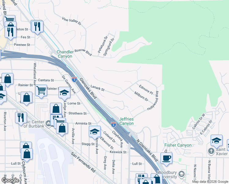 map of restaurants, bars, coffee shops, grocery stores, and more near 10101 Lanark Street in Los Angeles