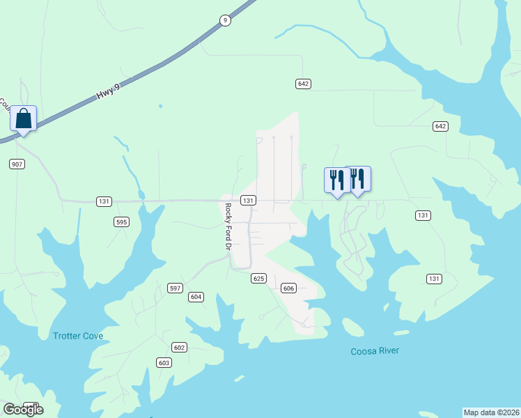 map of restaurants, bars, coffee shops, grocery stores, and more near 900 County Road 131 in Cedar Bluff