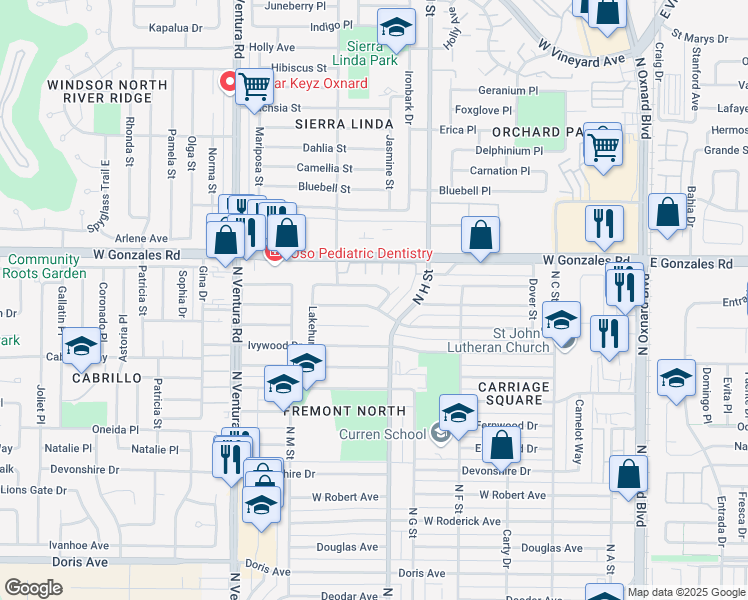 map of restaurants, bars, coffee shops, grocery stores, and more near 945 Janetwood Drive in Oxnard
