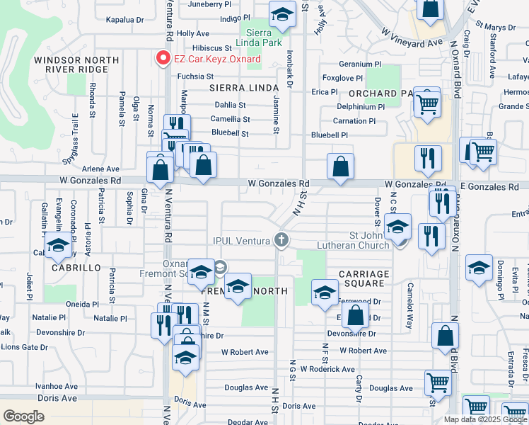 map of restaurants, bars, coffee shops, grocery stores, and more near 945 Janetwood Drive in Oxnard
