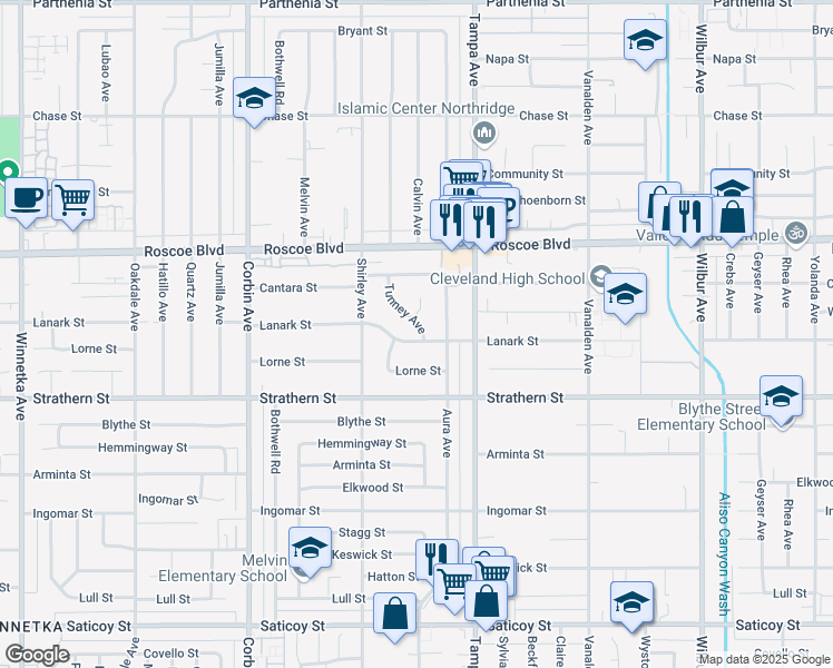 map of restaurants, bars, coffee shops, grocery stores, and more near 19403 Lanark Street in Los Angeles