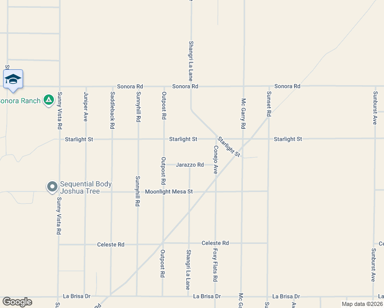 map of restaurants, bars, coffee shops, grocery stores, and more near 61355 Jarazzo Road in Joshua Tree