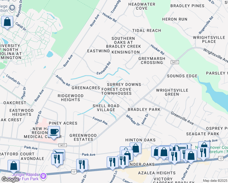 map of restaurants, bars, coffee shops, grocery stores, and more near 5813 Wrightsville Avenue in Wilmington