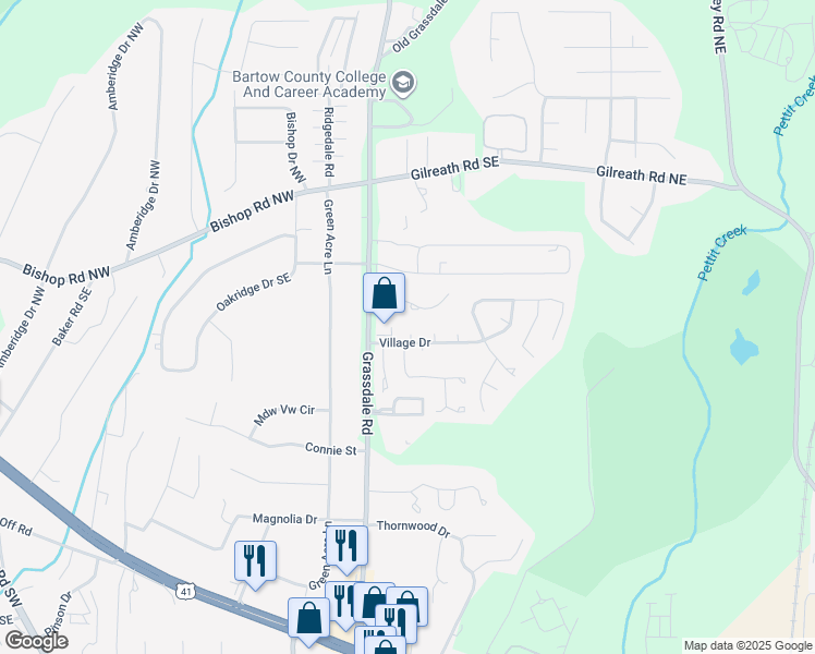 map of restaurants, bars, coffee shops, grocery stores, and more near 21 Brighton Court Southeast in Cartersville