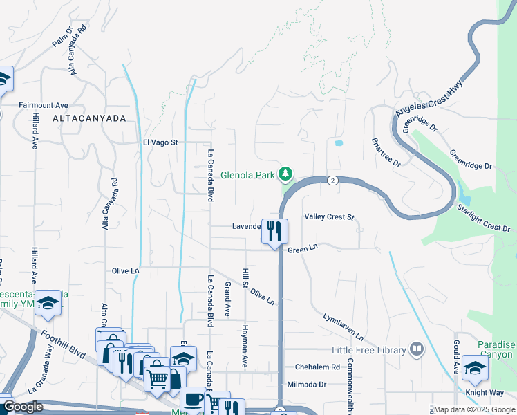 map of restaurants, bars, coffee shops, grocery stores, and more near 5130 Hayman Avenue in La Cañada Flintridge