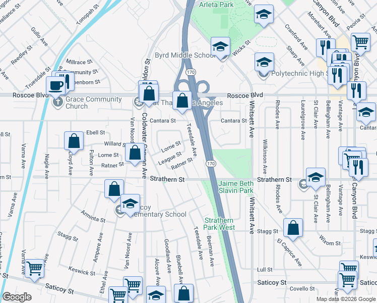 map of restaurants, bars, coffee shops, grocery stores, and more near 8100 Teesdale Avenue in Los Angeles