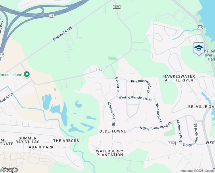 map of restaurants, bars, coffee shops, grocery stores, and more near 303 Northwoods Court Southeast in Leland