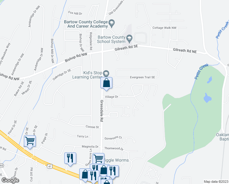 map of restaurants, bars, coffee shops, grocery stores, and more near 22 Brighton Court Southeast in Cartersville