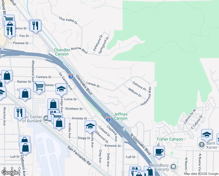 map of restaurants, bars, coffee shops, grocery stores, and more near 10101 Lanark Street in Los Angeles