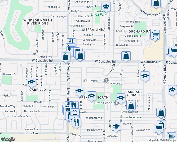 map of restaurants, bars, coffee shops, grocery stores, and more near 1131 Janetwood Drive in Oxnard