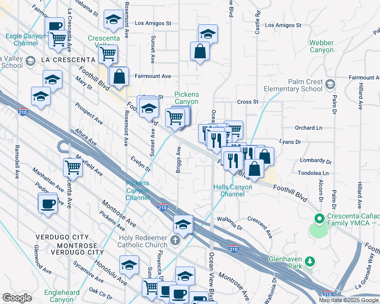 map of restaurants, bars, coffee shops, grocery stores, and more near 2384 Foothill Boulevard in La Cañada Flintridge