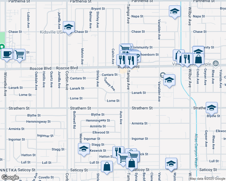 map of restaurants, bars, coffee shops, grocery stores, and more near 8132 Tunney Avenue in Los Angeles