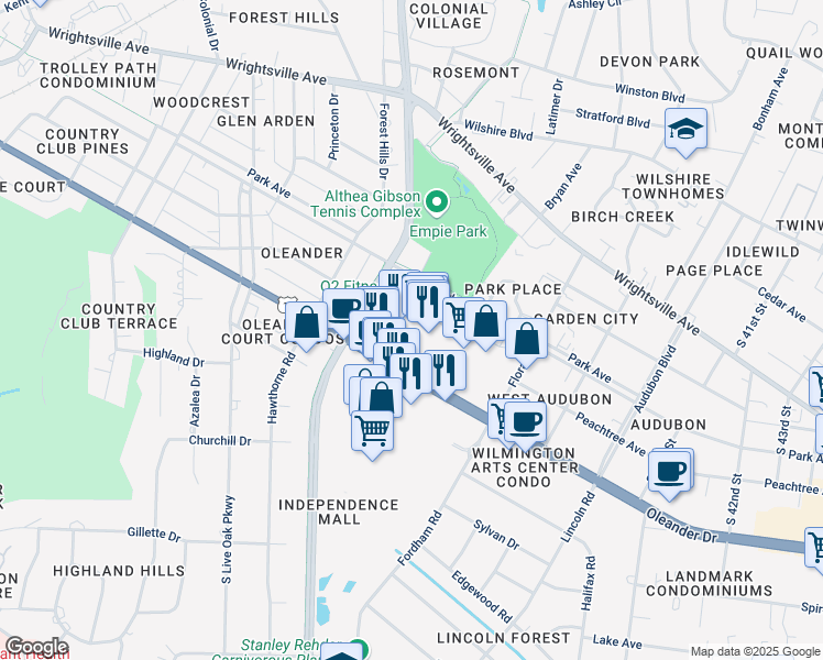 map of restaurants, bars, coffee shops, grocery stores, and more near 3501 Oleander Drive in Wilmington