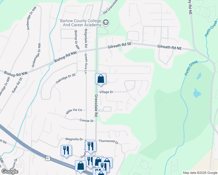 map of restaurants, bars, coffee shops, grocery stores, and more near 22 Brighton Court Southeast in Cartersville