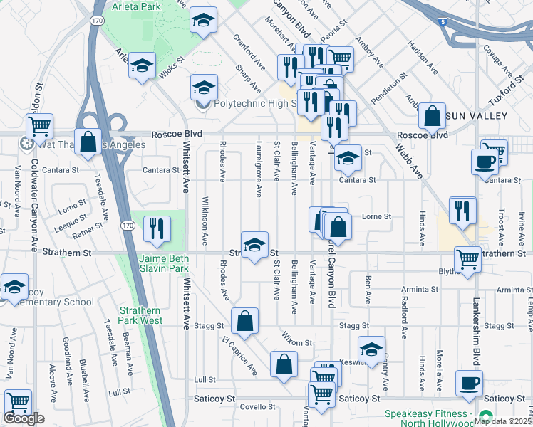 map of restaurants, bars, coffee shops, grocery stores, and more near 8068 Laurelgrove Avenue in Los Angeles
