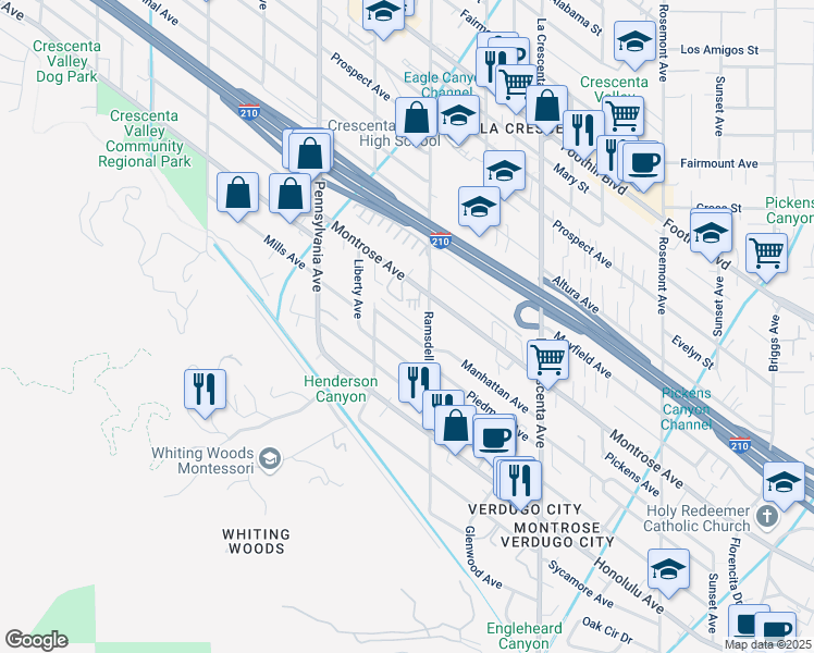 map of restaurants, bars, coffee shops, grocery stores, and more near 3019 Pinewood Lane in Glendale