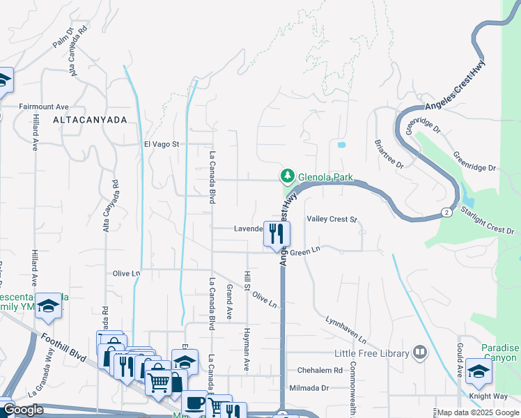 map of restaurants, bars, coffee shops, grocery stores, and more near 5130 Hayman Avenue in La Cañada Flintridge