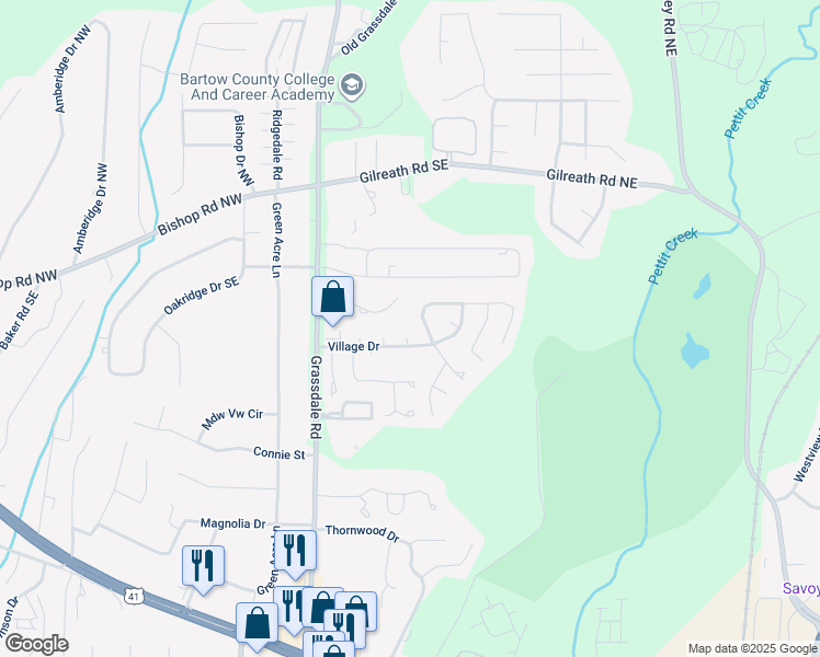 map of restaurants, bars, coffee shops, grocery stores, and more near 16 Montclair Court in Cartersville