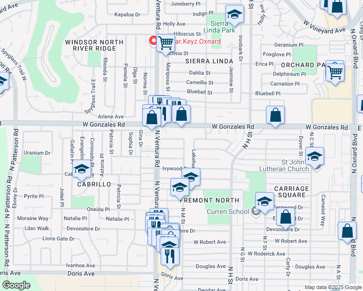 map of restaurants, bars, coffee shops, grocery stores, and more near 1301 Kingswood Way in Oxnard