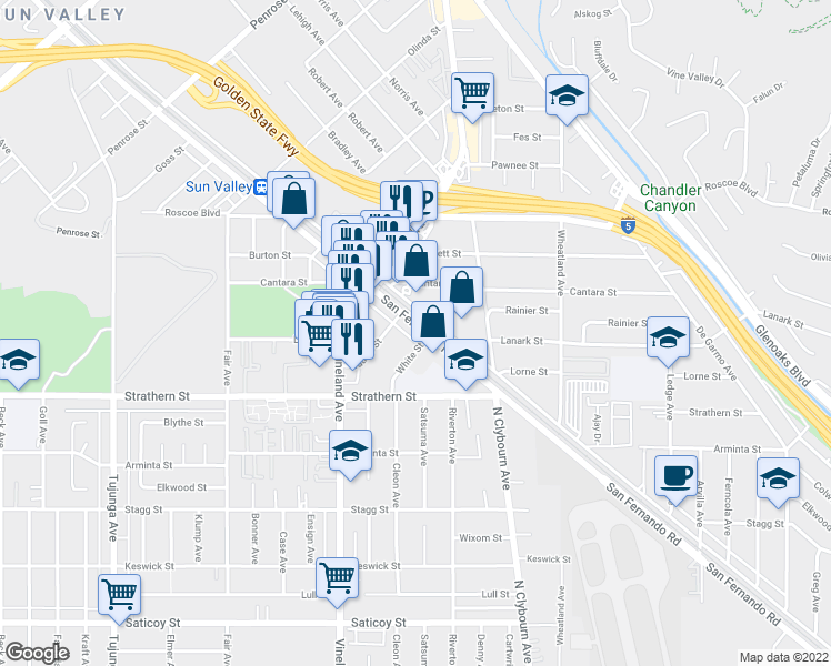 map of restaurants, bars, coffee shops, grocery stores, and more near 8111 San Fernando Road in Los Angeles