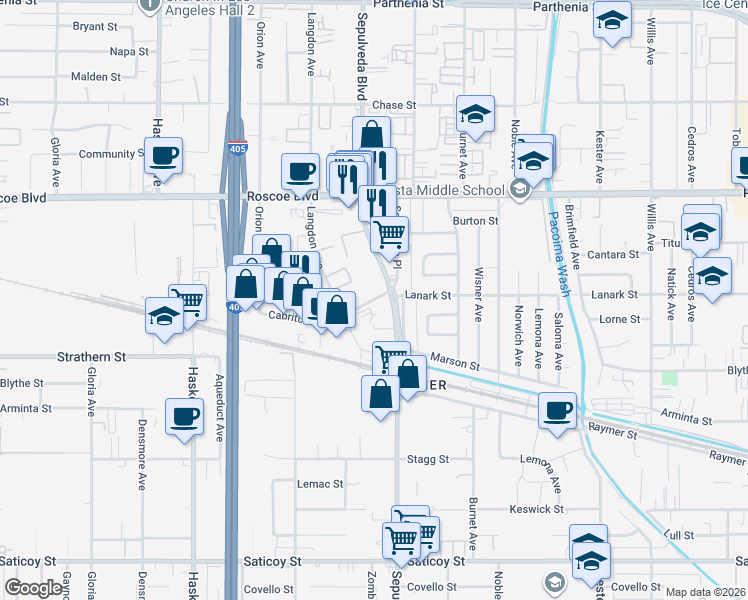 map of restaurants, bars, coffee shops, grocery stores, and more near 15305 Lanark Street in Los Angeles