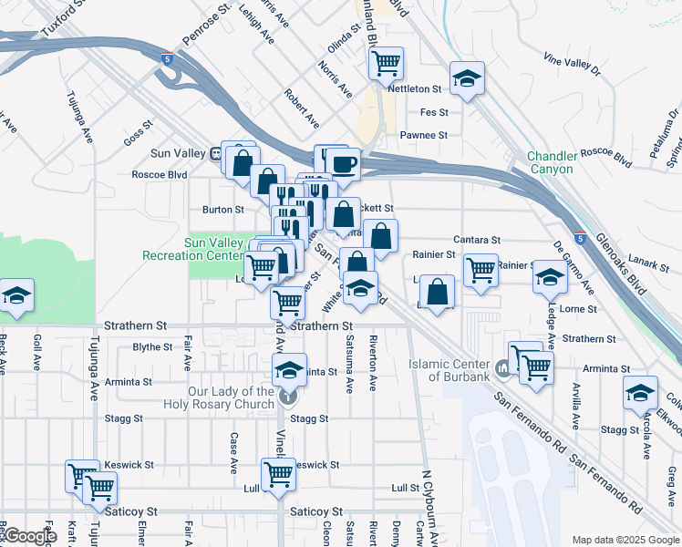 map of restaurants, bars, coffee shops, grocery stores, and more near 8131 San Fernando Road in Los Angeles