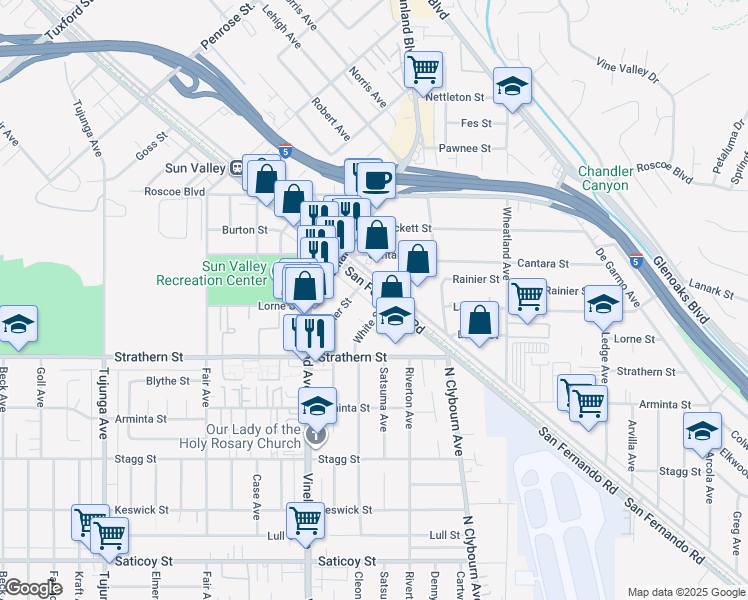 map of restaurants, bars, coffee shops, grocery stores, and more near 8111 San Fernando Road in Los Angeles