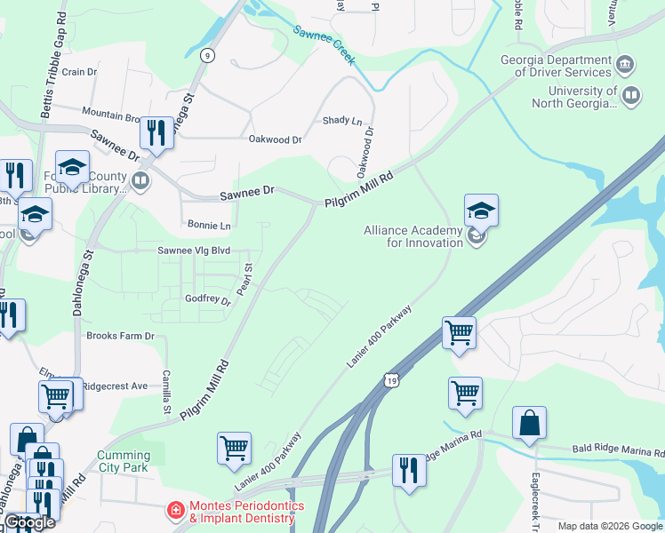 map of restaurants, bars, coffee shops, grocery stores, and more near 655 Pilgrim Mill Road in Cumming