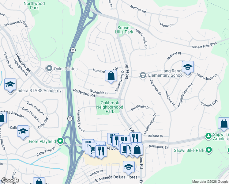 map of restaurants, bars, coffee shops, grocery stores, and more near 1915 Woodside Drive in Thousand Oaks