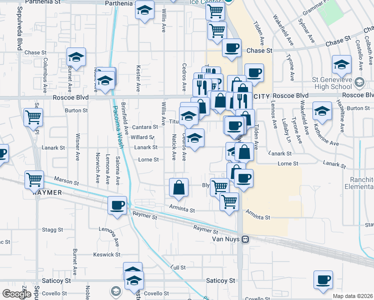 map of restaurants, bars, coffee shops, grocery stores, and more near 8054 Cedros Avenue in Los Angeles