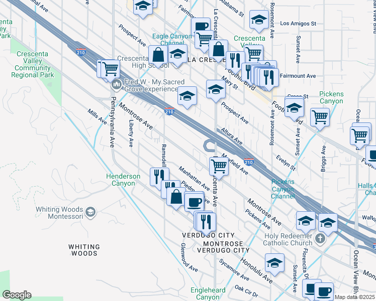 map of restaurants, bars, coffee shops, grocery stores, and more near 2905 Montrose Avenue in Glendale